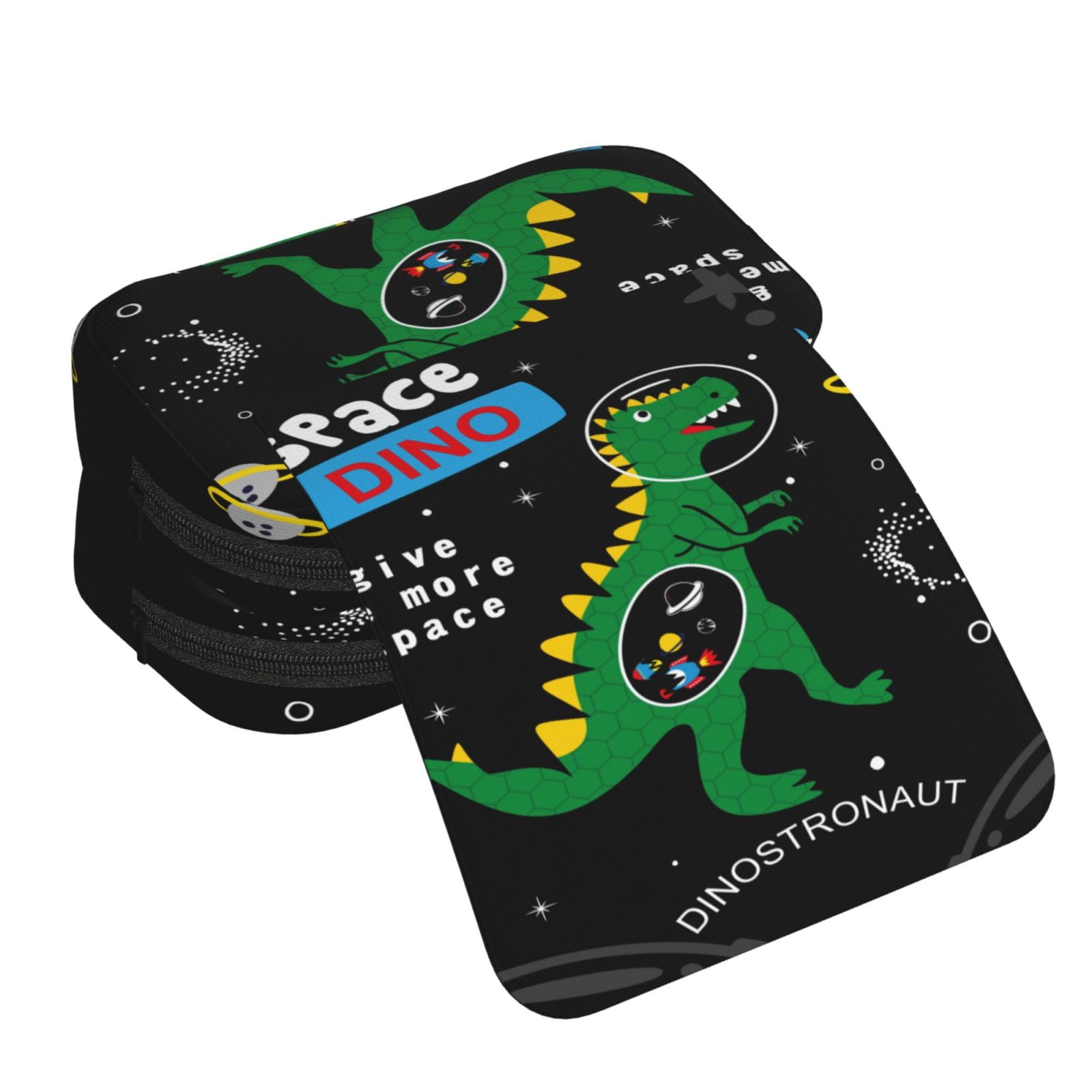 Rateoe Space Dino Cartoon Black Pattern Double Clamshell Pen Case, Storage Organizer with Two Zipper Compartments– Holds Up to 50 Pencils & Pens