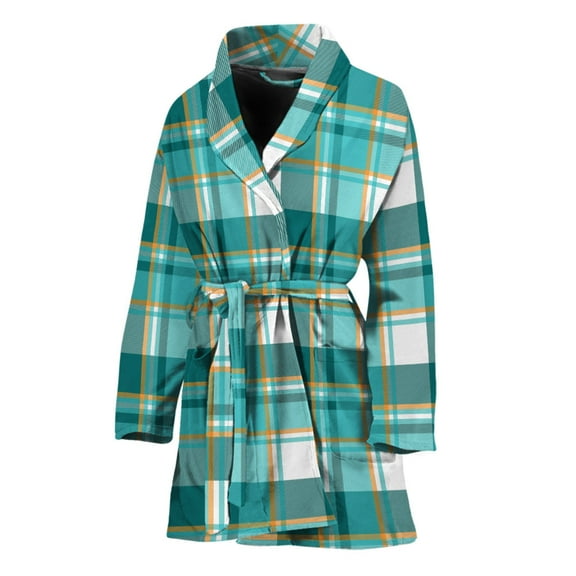 Teal Madras Pattern Women Bathrobe One Size Univeral Fits Fashion Lightweight Plush Fleece Long Robe For Women