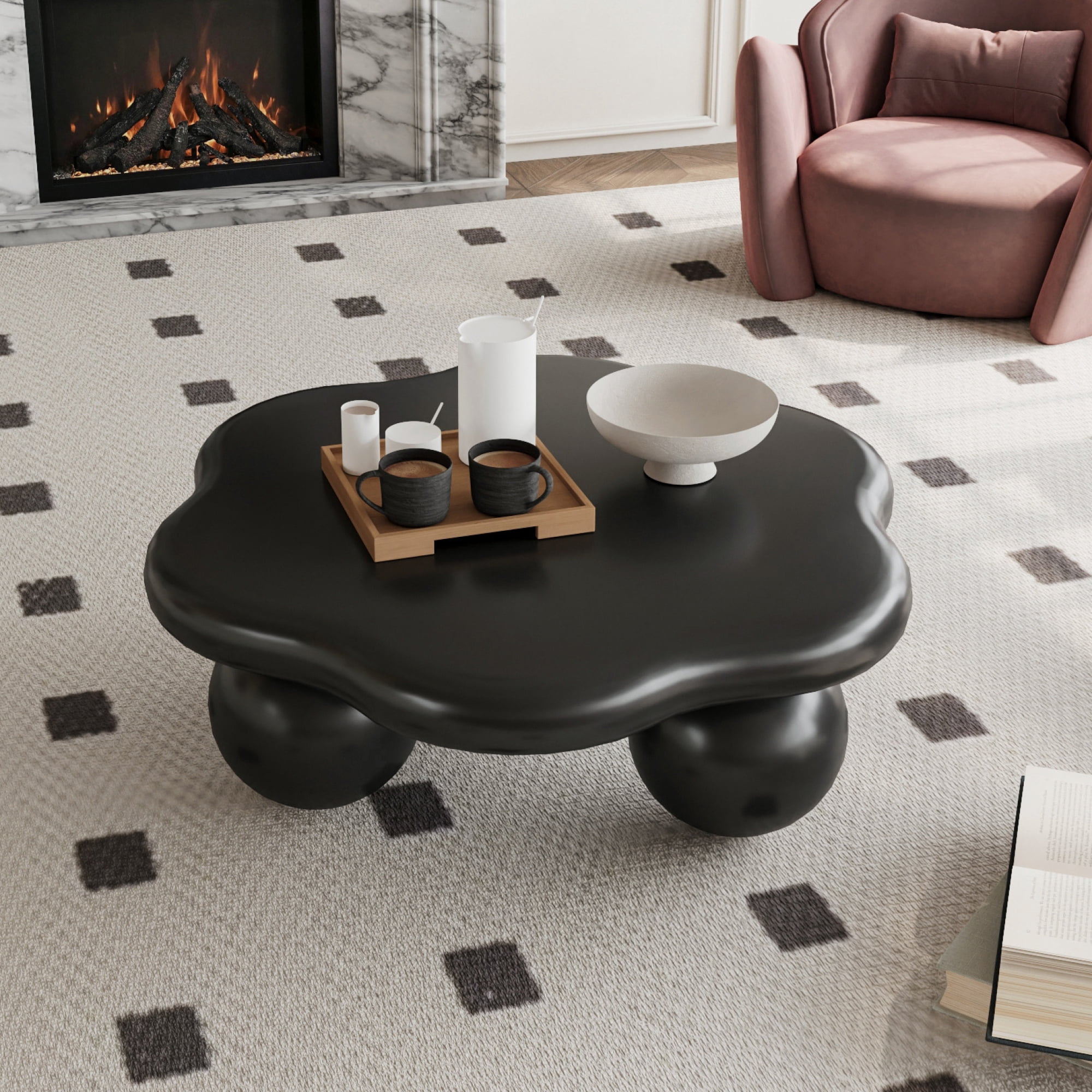 35" Cloud Shaped Coffee Table, Petal-Shaped Modern Minimalist Coffee Table with Spherical Legs, Kid & Pet Friendly Space Saving Center Table Tea Table for Small Apartment