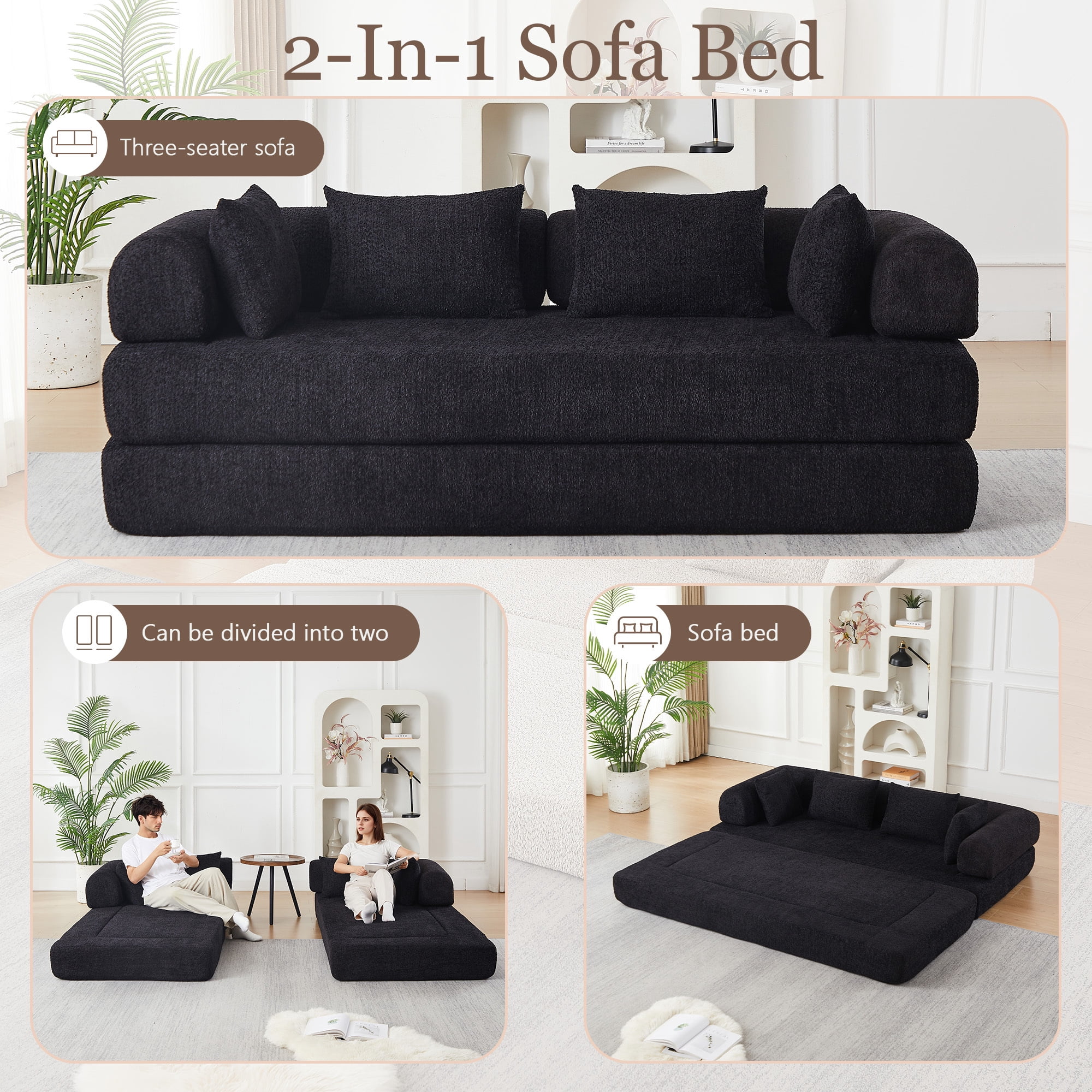 78.9inch Convertible Sleeper Sofa,Chenille Folding Mattress Sofa with DIY Removable Armrests,Floor Standing Lounge Sofa for Living Room Bedroom Small Space,Black