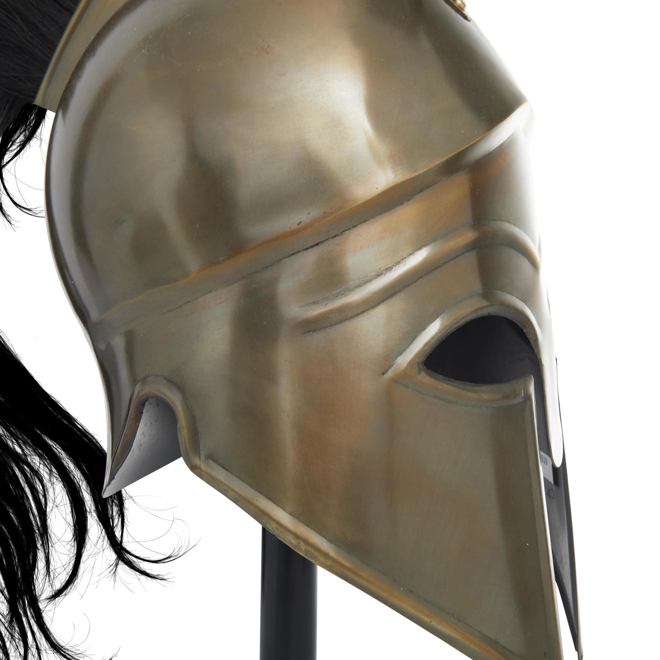 21" Gold Metal Replica Medieval Greek Spartan Mask Helmet with Brown Wood Stand and Plume, by DecMode