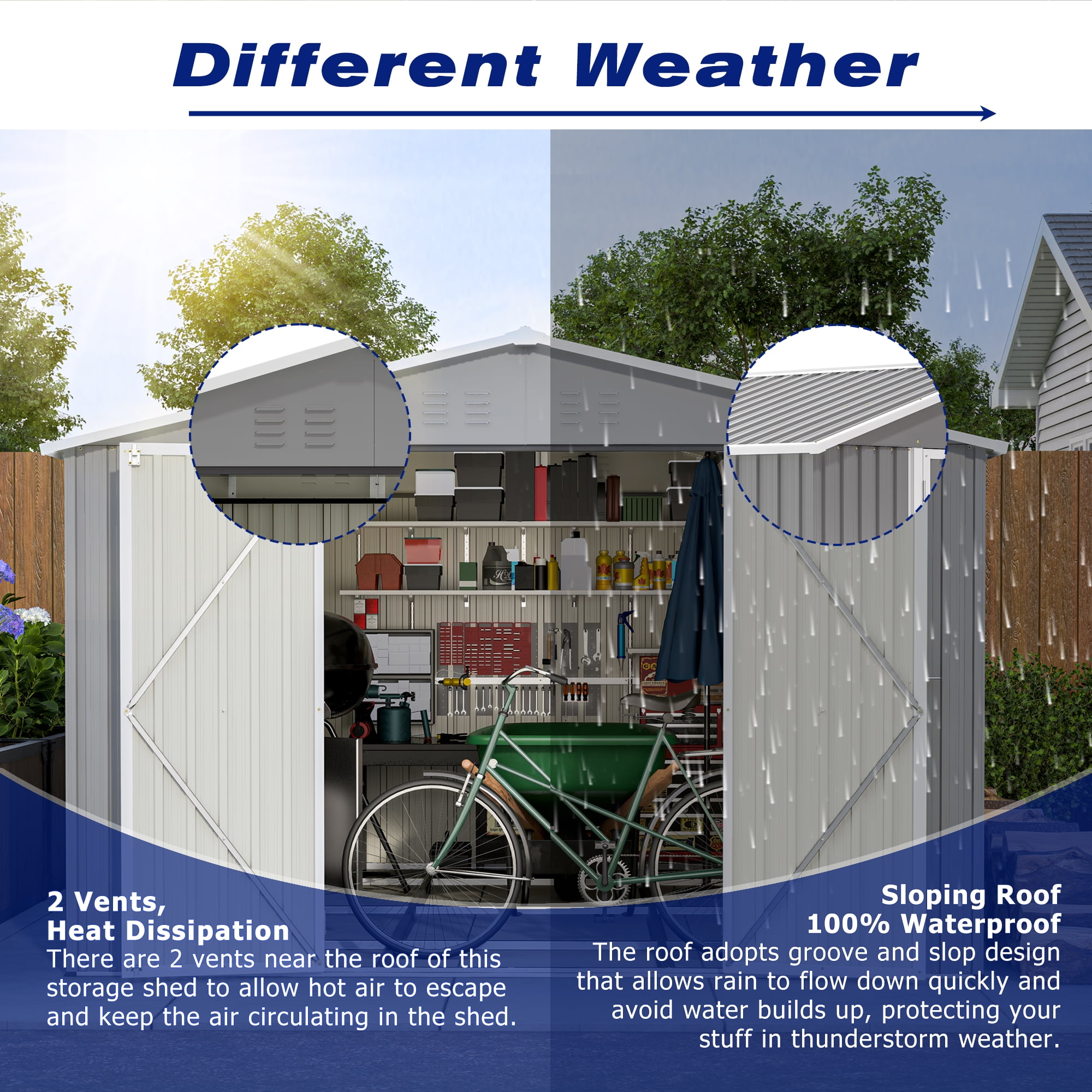 8' x 12' Outdoor Storage Shed with Floor Frame, Metal Garden Tool Shed for Backyard Patio Lawn, Securable Double Doors, Weather-Resistant, Grey