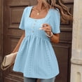 thumbnail image 6 of Htigea Women's Square Neck Summer Tops Babydoll Short Sleeve Shirts Hollow Out Eyelet Peplum Tunic Tee Sky Blue S, 6 of 8