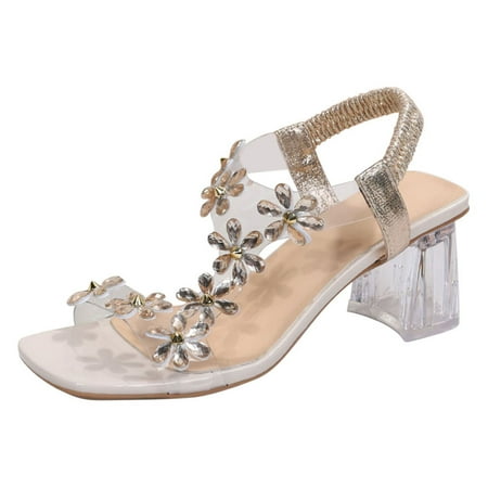 

BADHUD Prime Deals Clear Heels for Women Dressy Flower Crystal Sandals Rhinestone Heels Clear Square Toe One Strap Shoes for Party Dating
