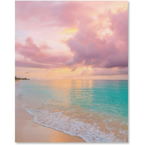 Sunset Beach Canvas Wall Decor Paintings Pink Clouds Romantic Landscape Serene Sea Scenery Art Panel Wall Picture Poster Wall Decor Picture for Wall Decor Painting 12x16 inch Unframed