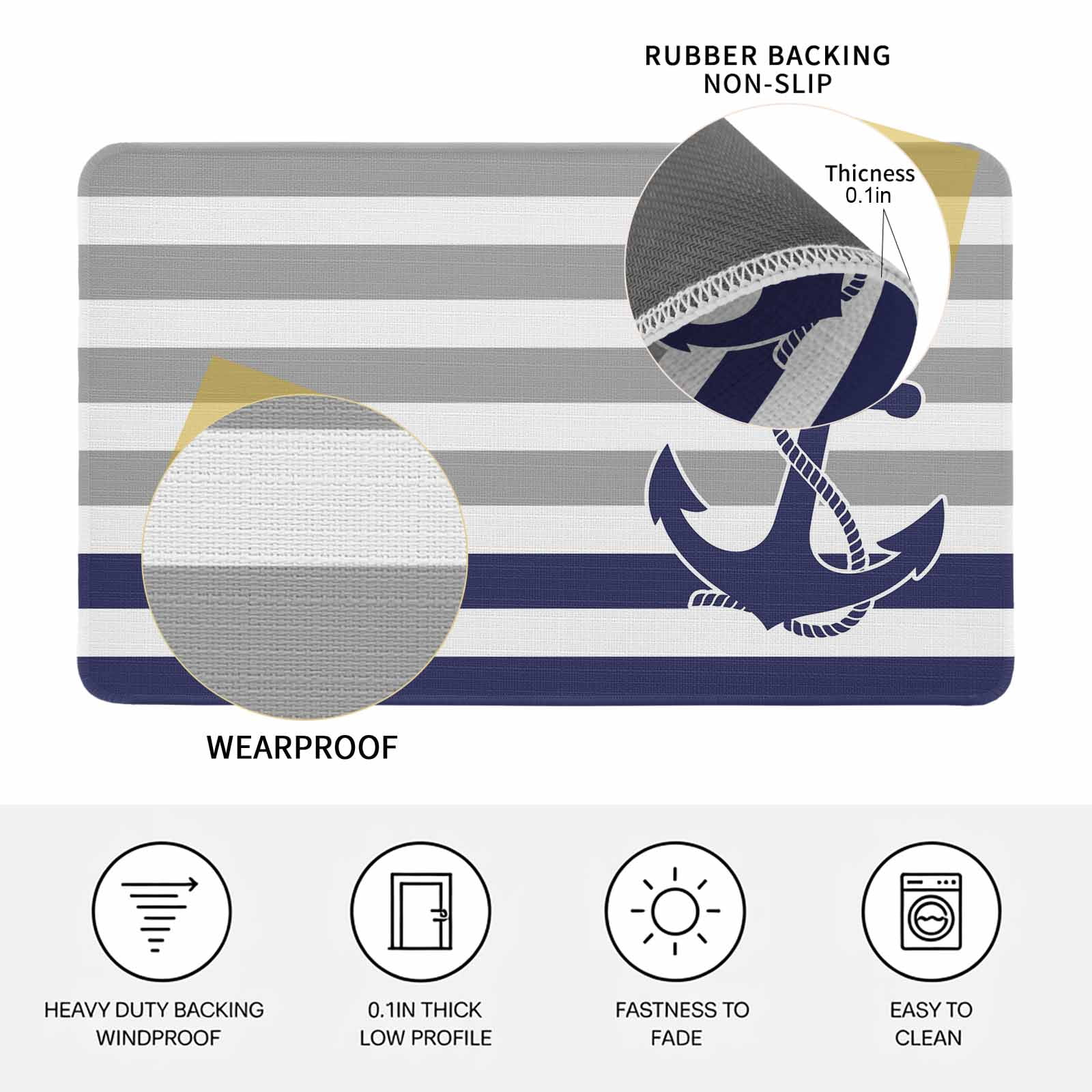 Anchor Gray Doormat Outdoor Entrance 24"x36", Modern Navy Blue White Striped Nautical Absorb Moisture Dirt Door Mats, Non-Slip Rubber Backing Floor Mats Indoor, Low-Profile Front Door Rugs