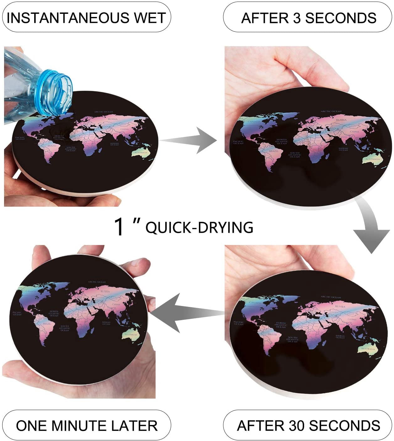 Round Map Coaster ZHANZZK World Map Set of 6 Round Coaster for Drinks, Absorbent Ceramic ...