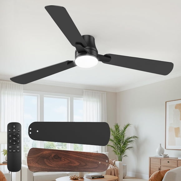 OSTIVE Ceiling Fans with Lights and Remote: 52 Inch Modern Black Ceiling Fan, Low Profile Flush Mount, Quiet Reversible DC Motor & 3CCT Dimmable LED