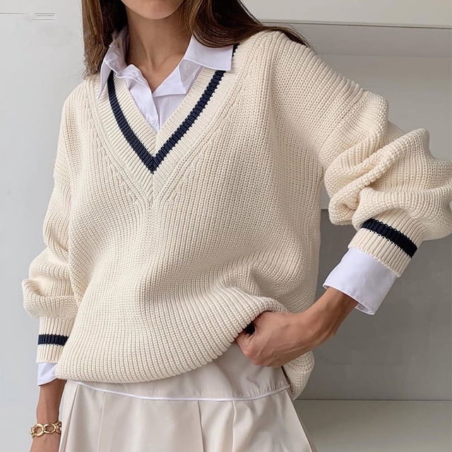 Suéter de mujer de manga larga holgado adelgazante con costuras casuales de estilo europeo y americano de otoño e invierno