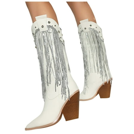 

Mepaouo Vintage Fringe Cowboy Boots for Women Pointy Toe Tassel Western Cowgirl Knee High Boots(White 7.5)