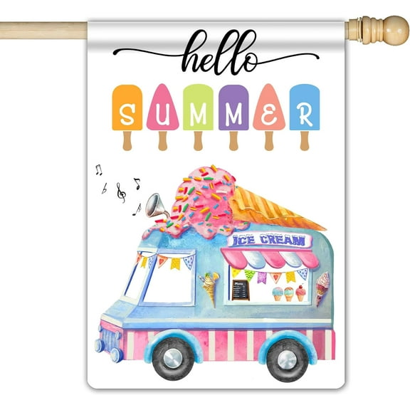 Summer Ice Cream Garden Flag Hello Summer Truck Beach Large Garden Flag 28 x 40 Double Sided Welcome Holiday Outside Decorations Yard Flag