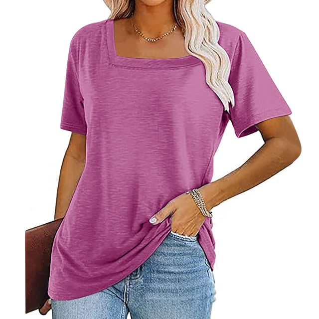 Fiudx Ofertas Relámpago Top de Manga Corta con Cuello de Color Liso para Mujer Top con Cuello de Manga Corta