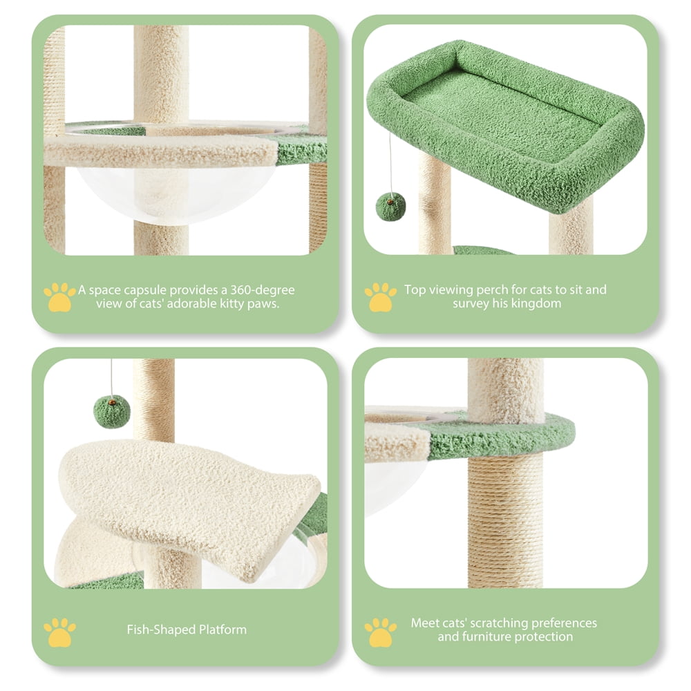 Yaheetech 35.6″ Tall Ocean Cat Tree with Detachable Clear Bowl, Army Green/Beige