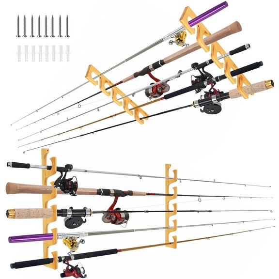 FKSZLL 2 Sets Fishing Pole Holders for Garage Bamboo Wood Horizontal Wall Mounted Fishing Rod Rack Holds Up to 10 Rods for Boat House Tackle Store Garage Pantry
