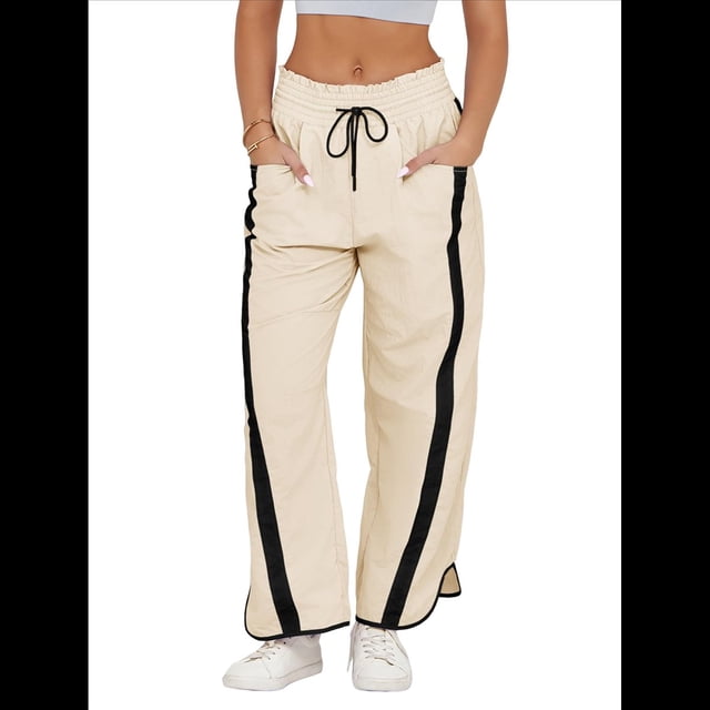 Pantalones Deportivos Holgados de Pierna para Mujer, Informales, con Cordón Ajustable y Cintura Elástica, en Colores Contrastantes, Estilo Y2K. Crema XL