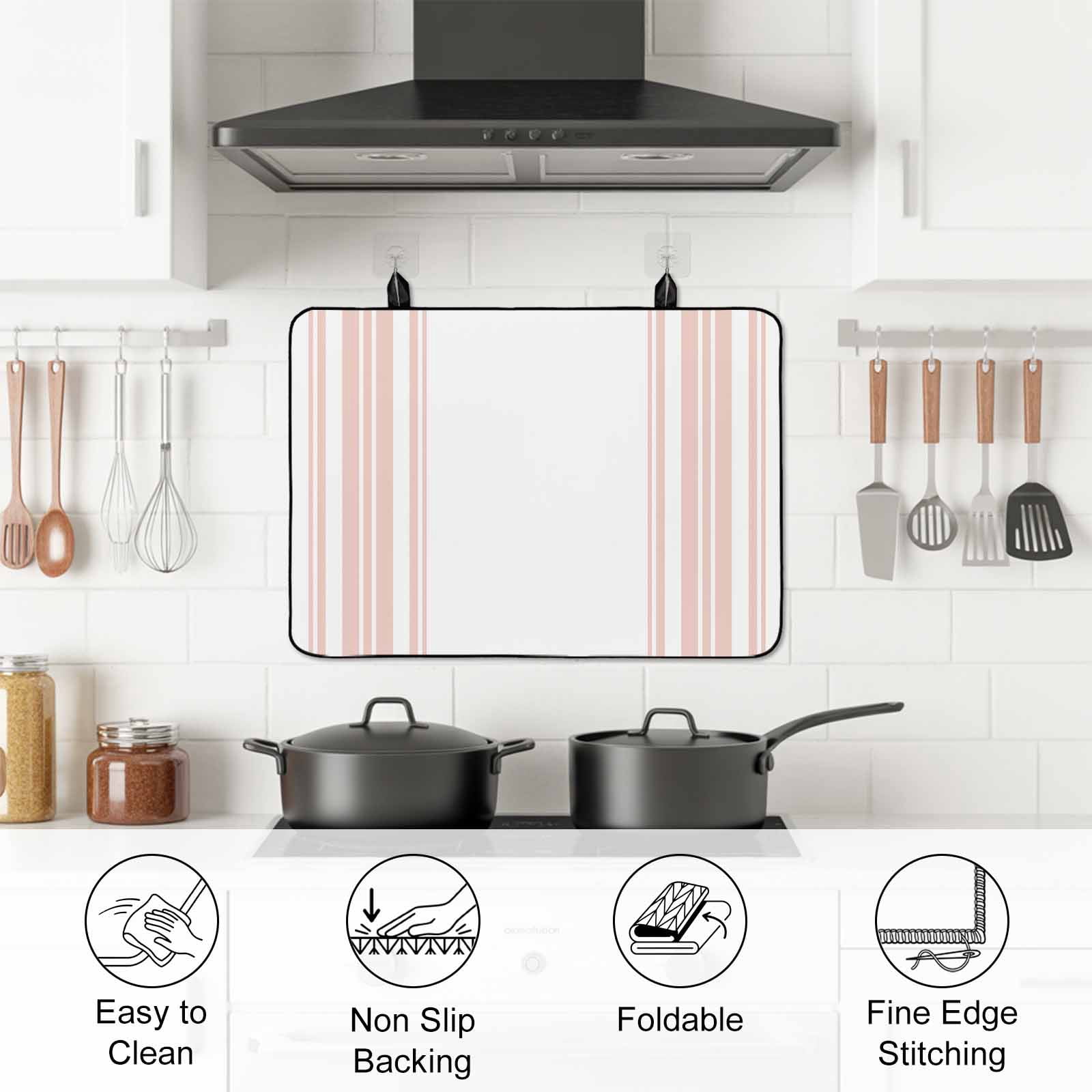 Pink Striped Stove Top Cover for Electric Stove, Heat-proof & Non Slip Glass Top Stove Cover Protector, Modern White Striped Abstract Art Aesthetics Kitchen Flat Cooktop Rubber Mat 24x21 Inches