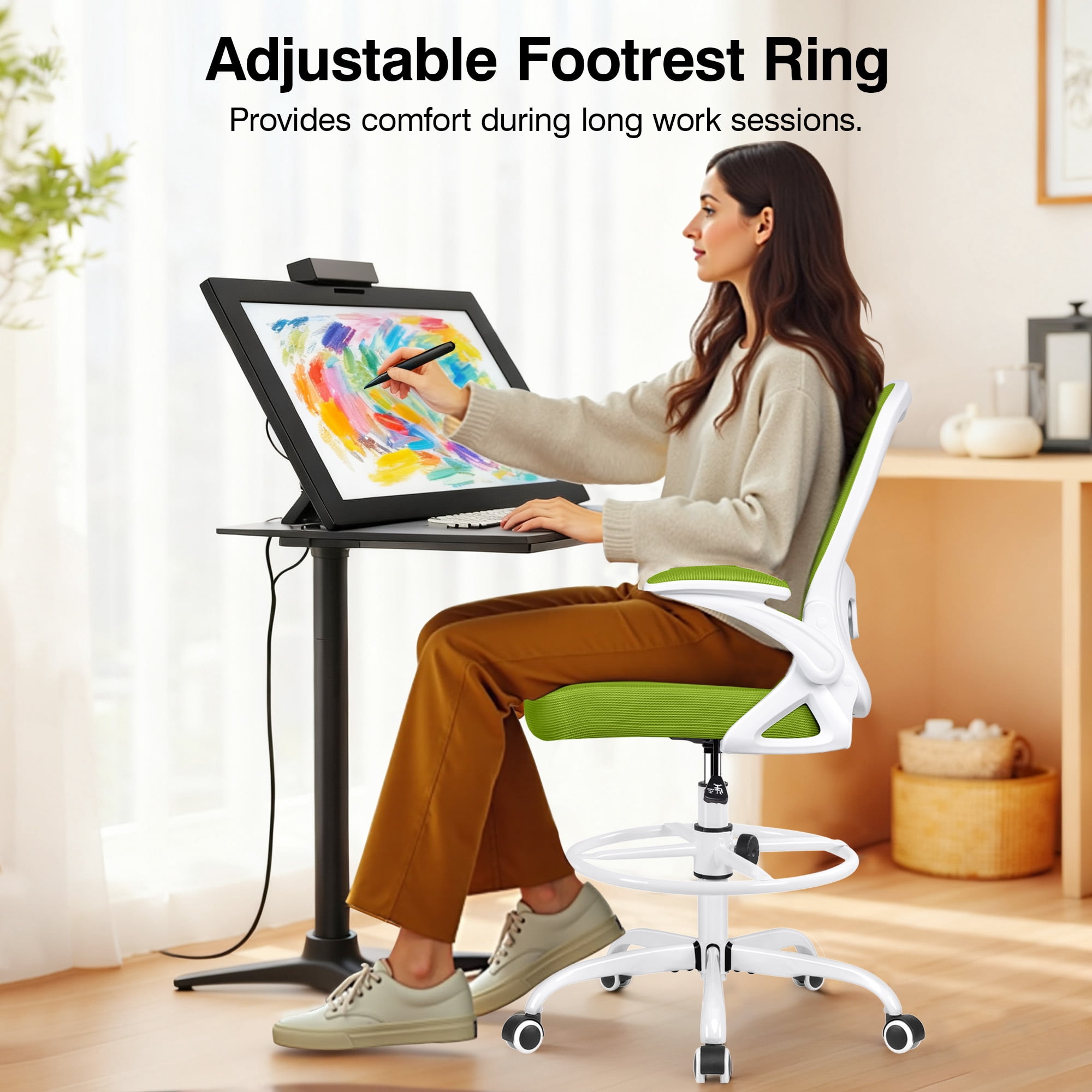 ATHOPE Ergonomic Office Chair, Mesh Desk Chair with Lumbar Support, Tall Office Chair with Flip-Up Armrests and Footrest Ring, Adjustable Computer Chair for Standing Desk Home Office, Green
