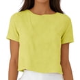 thumbnail image 3 of Asxite Womens Tops Short Sleeve Reversible Solid Color Round Neck Button Linen Mix Casual Blouse, 3 of 5
