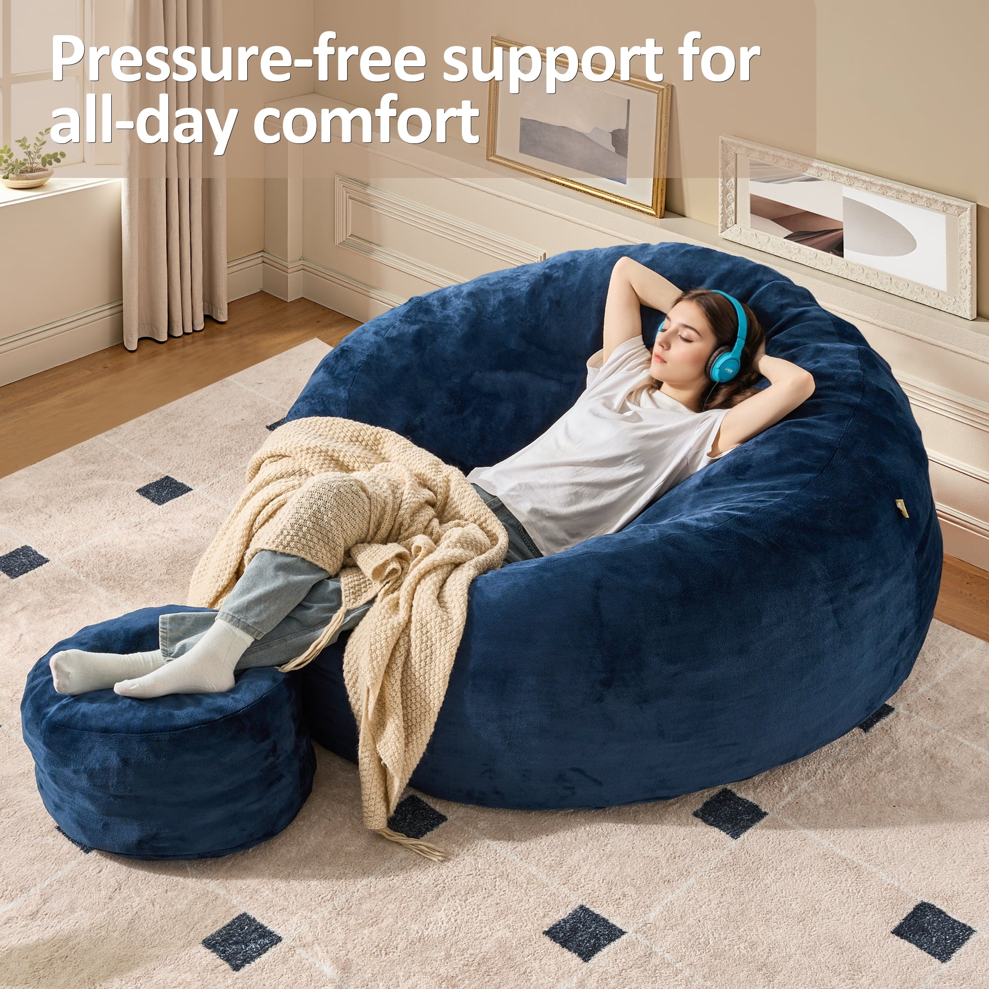 Vcatnet 59" Oversized Bean Bag Chair for Adults with Ottoman Giant Bean Bag Sofa Couch with Memory Foam Upholstered Lazy Floor Sofa for Living Room Bedroom, Dark Blue