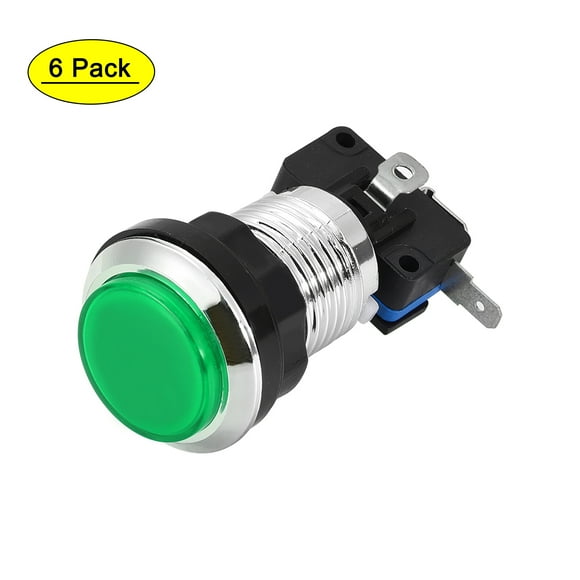 Juego de botón pulsador de 33 mm redondo, interruptor pulsador LED iluminado de 12V con microinterruptor para juegos de video de arcade, verde, 6 piezas