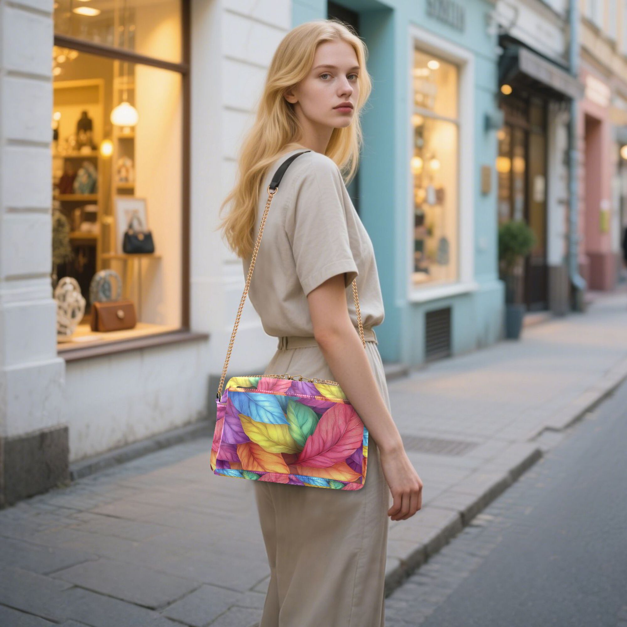 FORMRS Women Crossbody Purse with Chain Strap Vegan Leather Shoulder Handbag, Vibrant Leaves Pattern