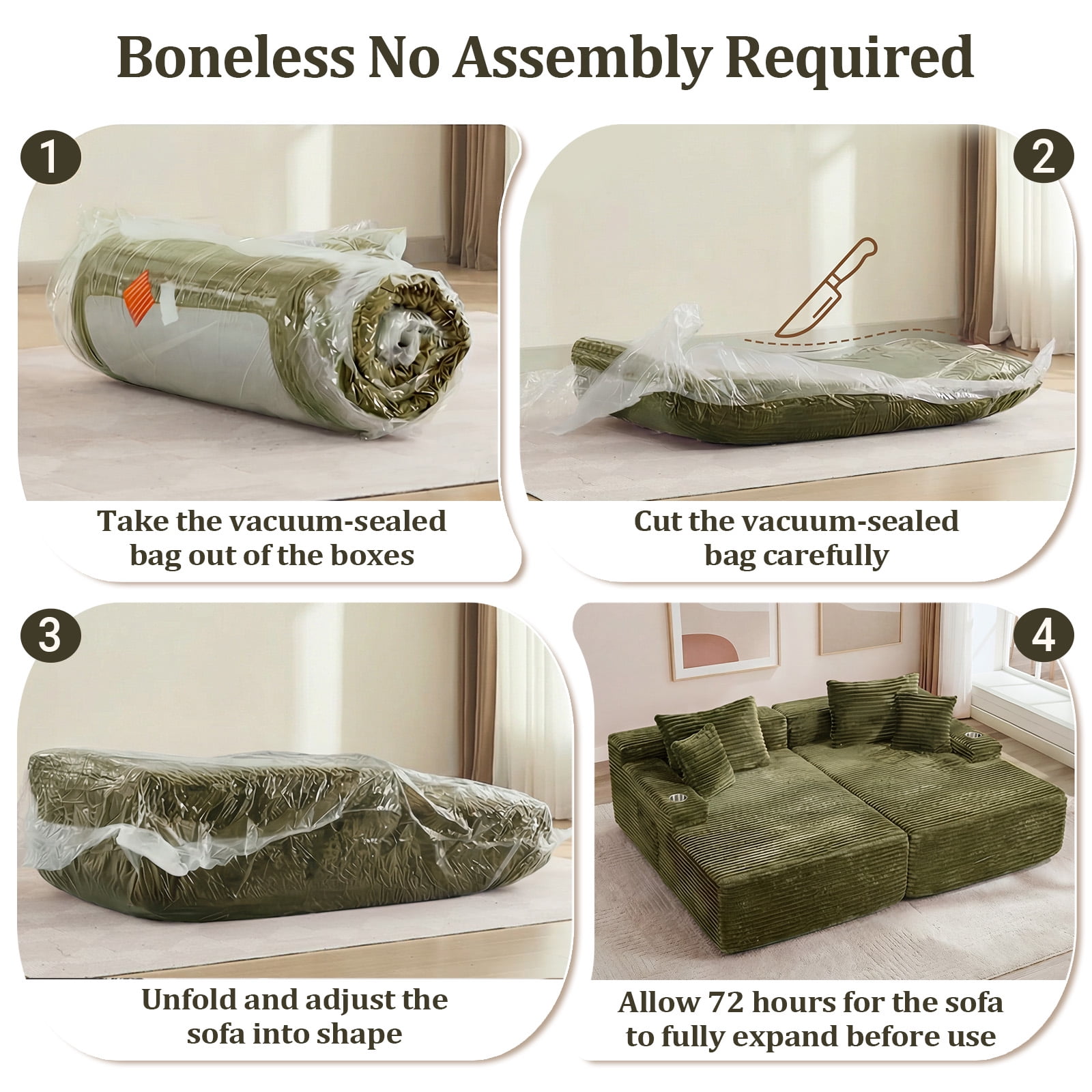 IPKIG Green Corduroy 85" Double Chaise Sofa Bed, No-Assembly-Required Oversized Loveseat with Boneless Cloud Sleeper Design