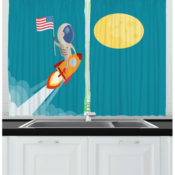 Alien Curtains 2 Panels Set, Cartoon of American Flag Held by Astronaut Riding a Rocket to the Moon, Window Drapes for Living Room Bedroom, 55"W X 39"L,Sea Blue and Multicolor, by Ambesonne