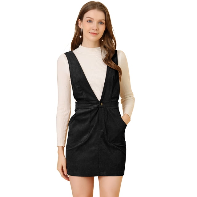 INSPIRE CHIC Falda con tirantes y tirantes de pana para mujer Negro M