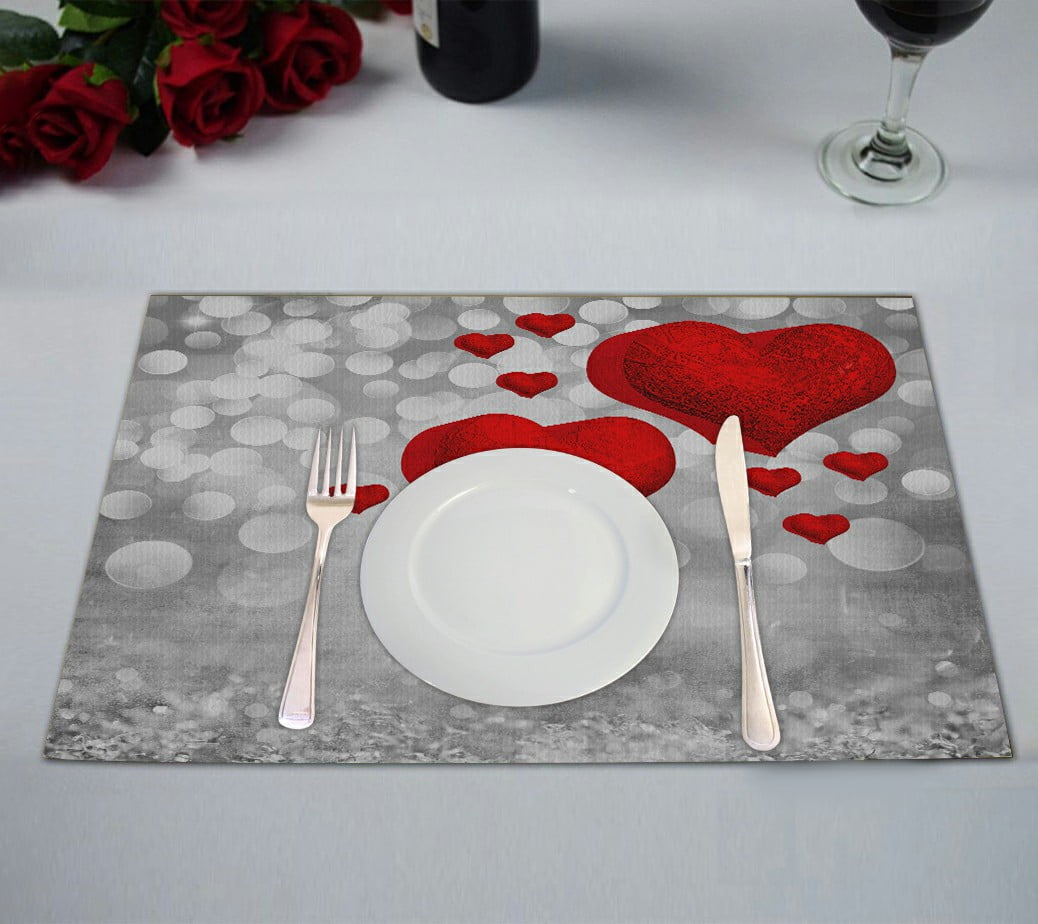 ECZJNT Silver Gold Red Valentines Heart Light Crystal Placemat Table Mat Cup Mat 12x18 inch,Set