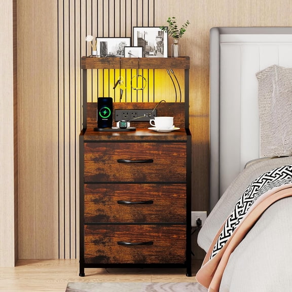 Nightstand with Charging Station and LED Lights, 3 Drawers Storage Shelf with Hooks, Tall End Side Table for Bedroom, Rustic Brown