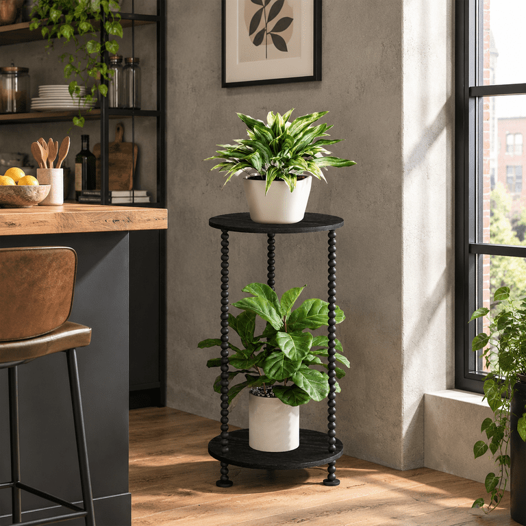 Black 23.2 In 2 Tier Small Indoor Plant Stand With Metal Spindle ...