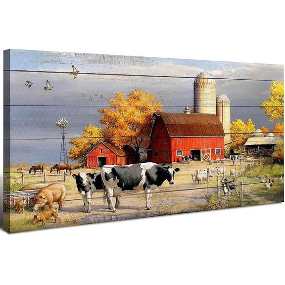 Rustic Farmhouse Wall Art Cow Pictures Wall Decor Red Barn Pictures Kitchen Wall Decor Farm Animals Cow Canvas Prints Country Landscape Painting Artwork