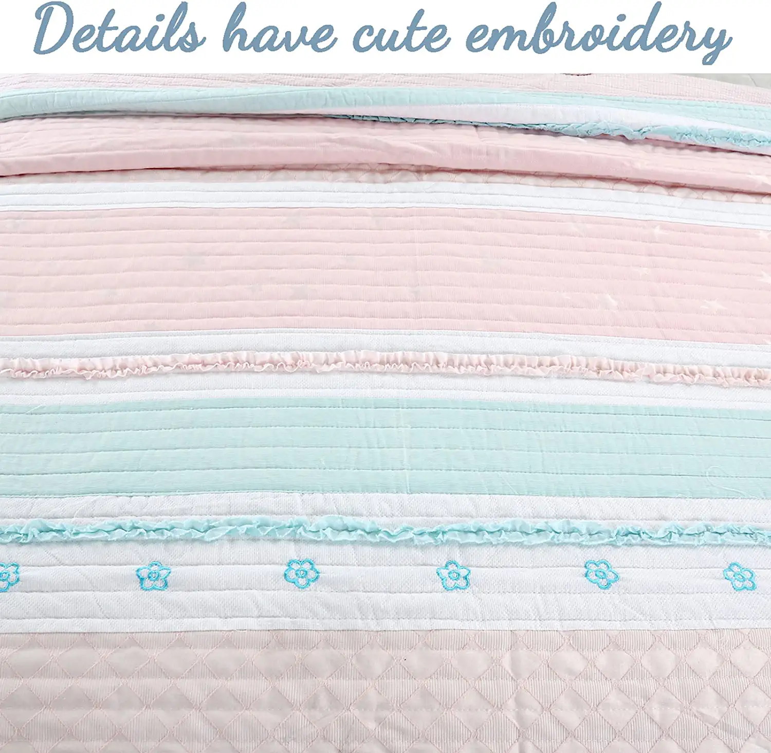 Cozy Line Light Pink Blue Ruffles Girl 100% Cotton 2 Piece Reversible Quilt Bedding Set, Candy, Twin