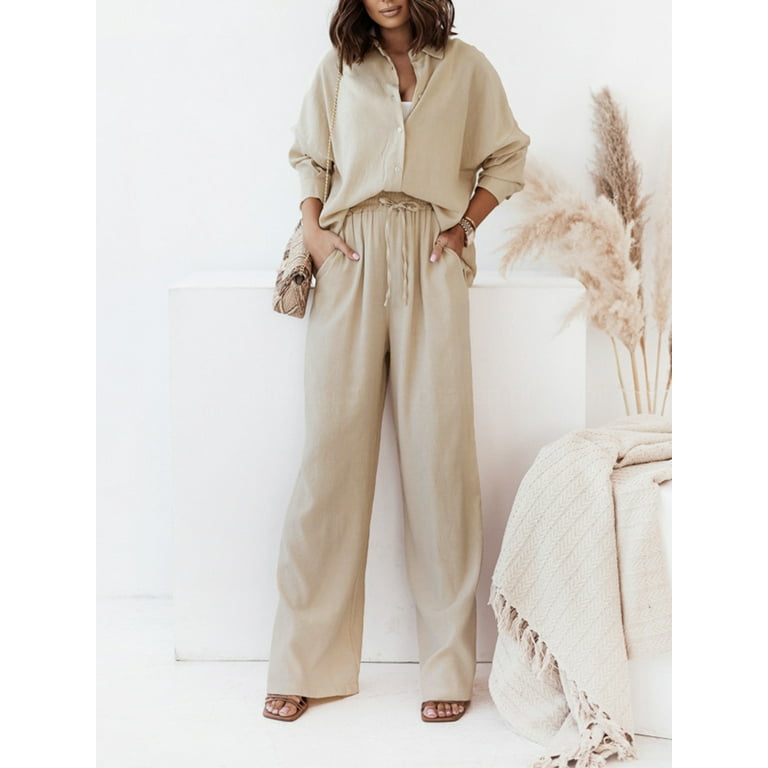 Women 2 Piece Pleated Pants Set Oversized Button Down Shirt High Waist  Pleated Wide Pants Outfits Streetwear 