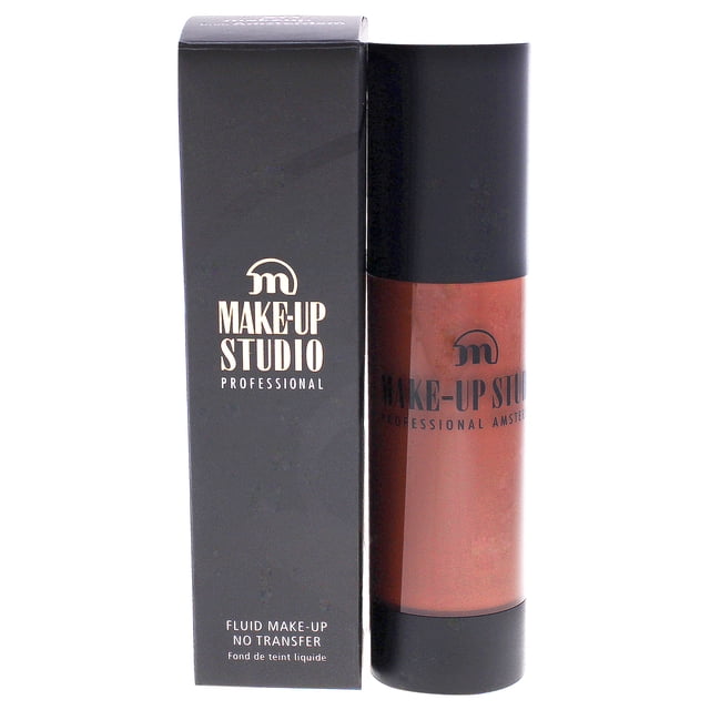 base de maquillaje fluida make-up studio no transfer chocolate oscuro 1.18 oz envase cilíndrico con bomba y tapa negra junto a caja negra vertical con logotipo Make-Up Studio; tono marrón rojizo Chocolate Oscuro, presentación 1.18 oz. Es ideal también para llevar en neceser de viaje.