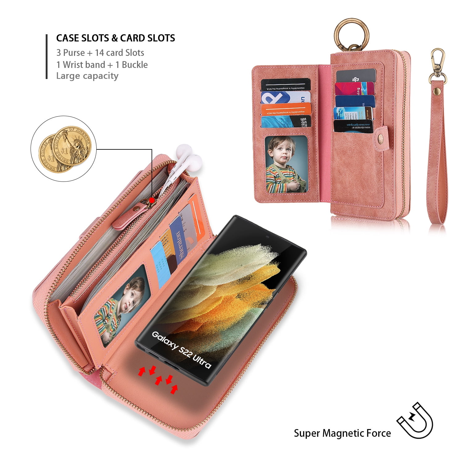 Samsung Galaxy S22 Ultra Leather Flip Case Cover, Galaxy S22 Ultra Zipper Wallet Case for Women and Men, Dteck 14 Card Holder Zipper Pocket Magnetic Detachable Wallet Folio Case Leather Pouch,Pink