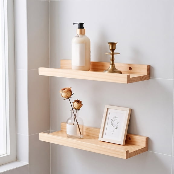 Solid Wood Floating Wall Shelf with 0.34 Fl Oz No Nail Adhesive, Load Bearing Storage Rack for Living Room, Bedroom, Bathroom, Entryway, Kitchen, Office, Small Essentials & Space Saving Decor