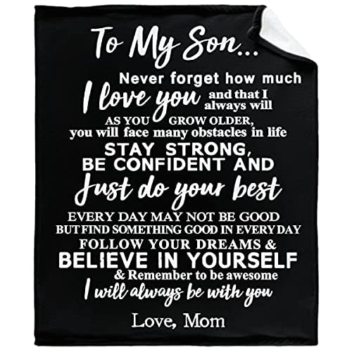 to My Son Blanket from Mom Gifts for Son Throw Blankets with Strength Courage Words,Super Soft Flannel Fleece Quilt,Perfect for Personalized Birthday Christmas Black 60X50 Twin for Boys