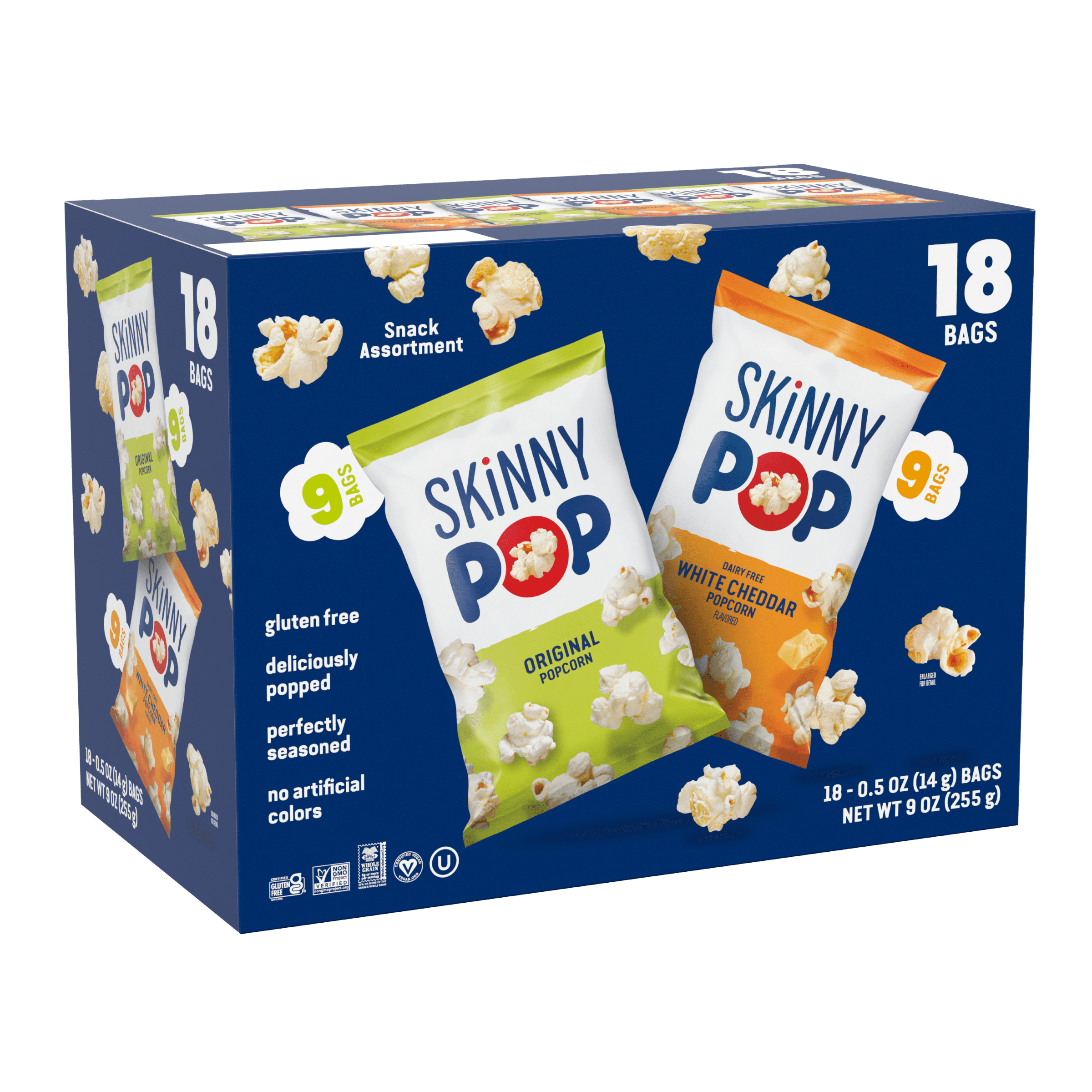 SkinnyPop Gluten-Free Original and Dairy-Free White Cheddar Popcorn Individual Snack Variety Pack, 0.5 oz Bag, 18 Count