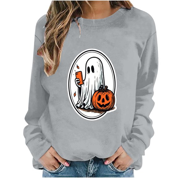 Plcasen Halloween Ghost Sweatshirt Womens Cute Ghost Cat Graphic Pullover Tops Spooky Season Shirt Casual Shirt