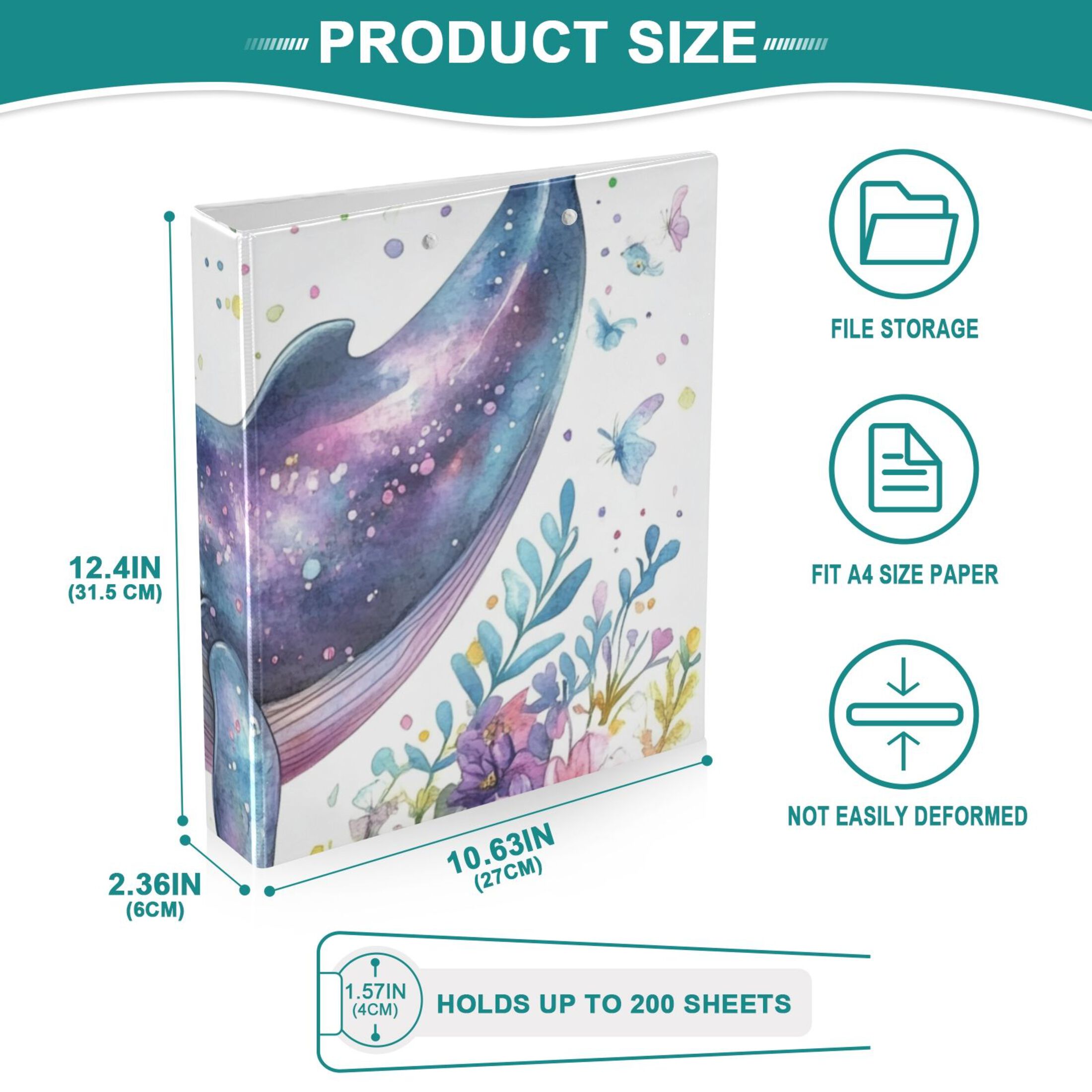 Whale and Flowers 3 Ring Binders 1.5 inch Hardcover File Folders with Interior Pockets A4 Size Organizer for School Office Hospital