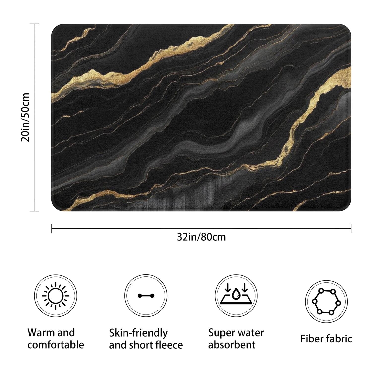 Black Gold Marble Pattern Bathroom Rugs Mat,Non Slip Microfiber Bathroom Rug,Rubber Backing,Soft Bathroom Mats for Bathroom Floor,Tub and Shower,20x32in(50x80cm)