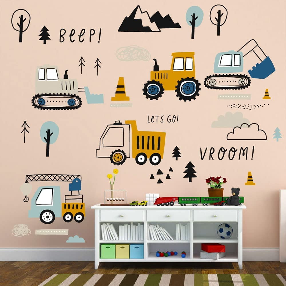 STONCEL 37 pcs Cartoon Bulldozer Digger Wall Stickers, Adorable Baby Boys Room Decor, Hand-painted Style Crane Truck Wall Decals for Bedroom Nursery, Construction Wall Murals Peel and Stick (37PCS)