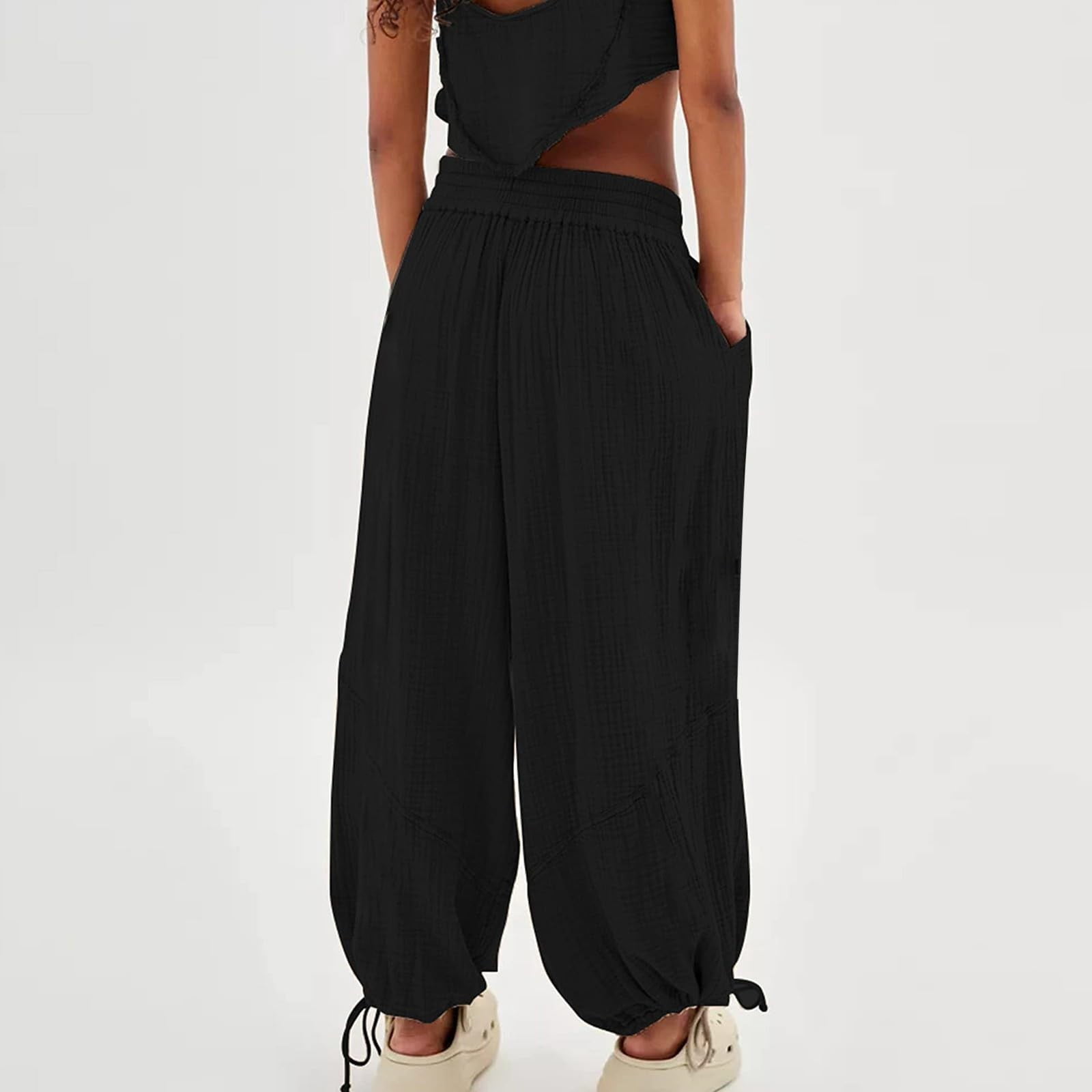 Women's Crinkle Gauze Harem Pants Elastic High Waist Loose Wide