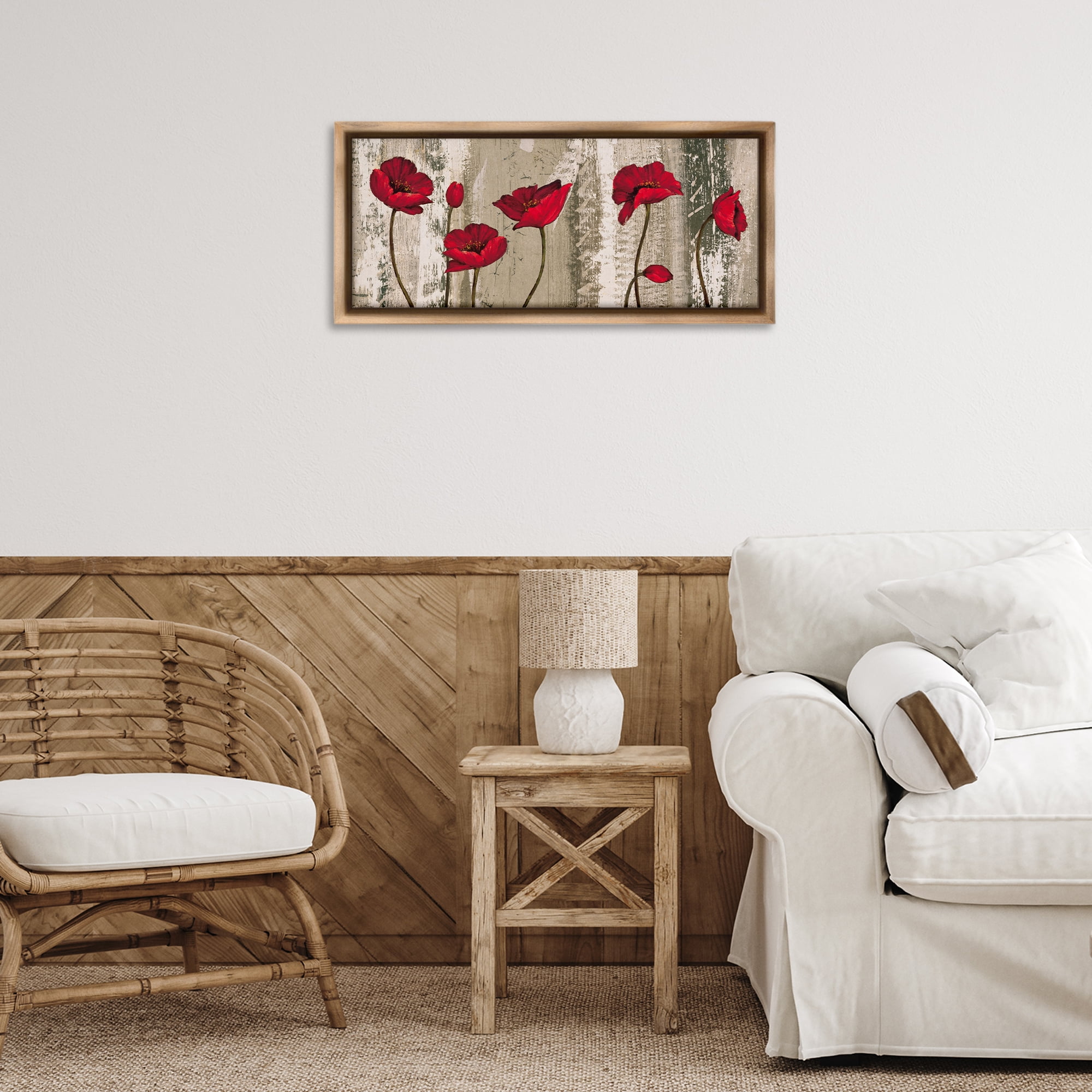 Stupell Industries Red Anemones on Tan Plants & Flowers Painting Brown Floater Framed Canvas Art Print Wall Art, 25 x 11
