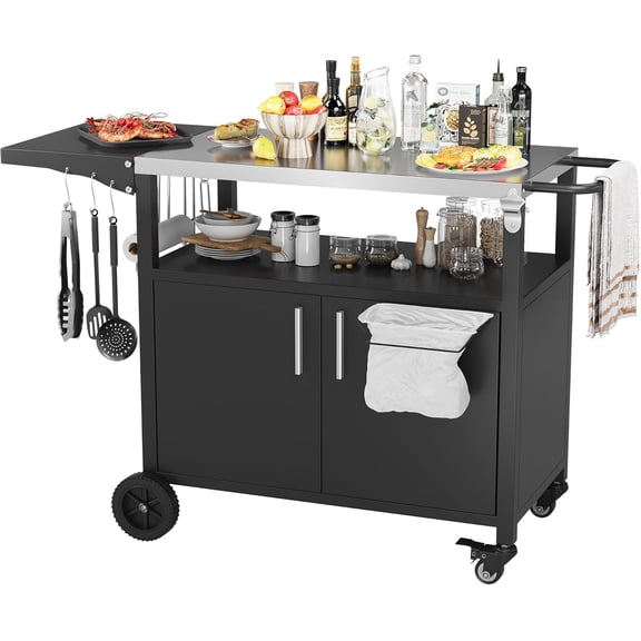 Vongrasig Grill Cart with Storage, Outdoor Bar Cart Rolling BBQ Movable Pizza Oven Table Stand with Foldable Stainless Steel Top & Storage Cabinet, Black