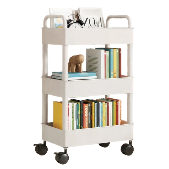 3 Tier Rolling Storage Cart with Wheels Metal and Plastic Utility Trolley for Kitchen and Bathroom, White