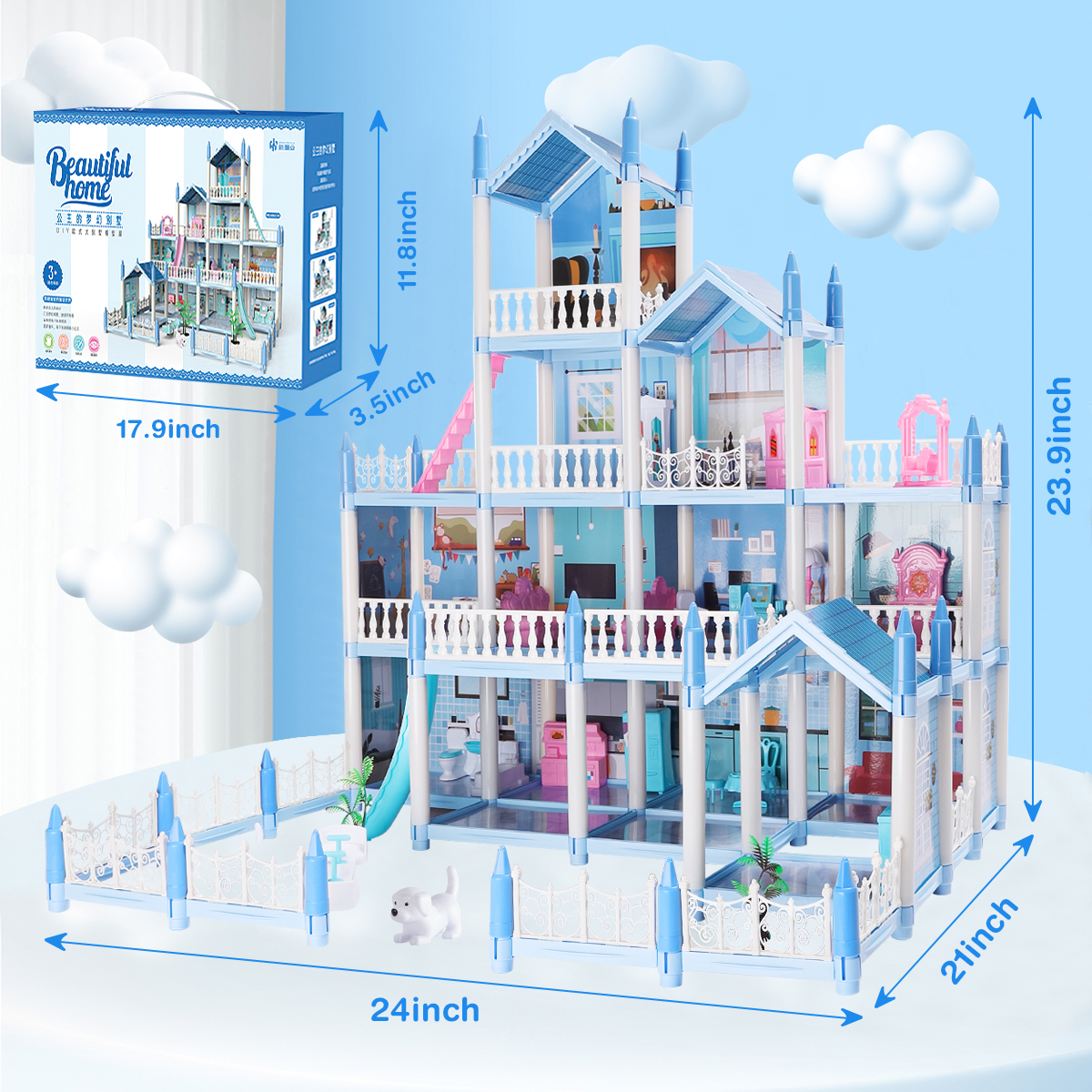 Doll House, Dream House Playset with 100+ Furniture & Accessories, 4 Stories 14 Rooms Building Toys with Movable Slides, Stairs, Pets, Cottage, DIY Creative Gift for 3 4 5 6+ Year Old Girls Toddlers - image 4 of 7
