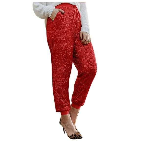 FAIWAD Women's Sequin Elastic Waist Pants Sparkly Evening Party Clubwear Lounge Pants with Drawstring