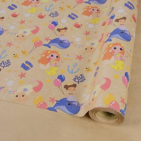 Mermaid Kraft Wrapping Paper for Girls Boys Kids - 17 Inch X 32 Feet Mini Roll Sea Fish Birthday Wrapping Paper Roll for Birthday, Party, Baby Showers Gift Wrap